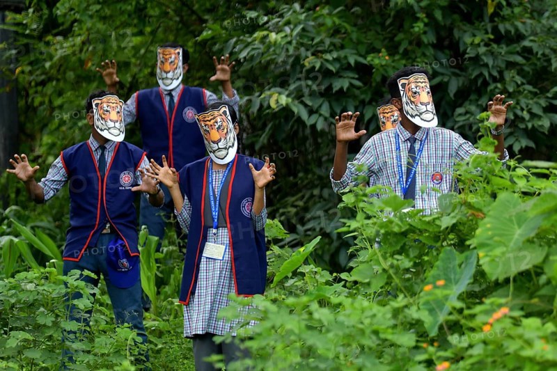 Agartala, Tripura, India, 29-07-2025: Students of NSS (National Service Scheme) unit from Mahatma Gandhi Memorial School wearing tiger masks during an event on Tiger Conservation on International Tiger day, organised by Sima Chakma, coordinator of MGM NSS UNIT at Agartala. International Tiger day is an annual celebration to raise awareness for tiger conservation, held annually on 29th July. Photo By-Abhisek Saha