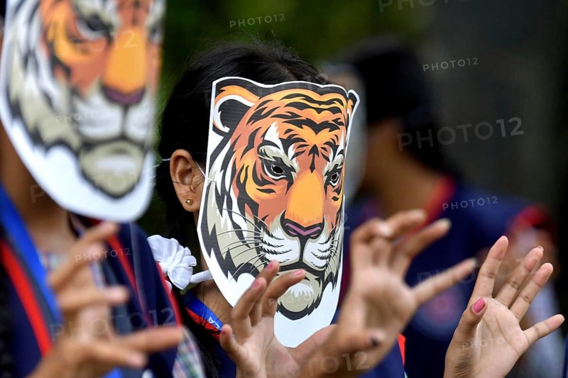 Agartala, Tripura, India, 29-07-2025: Students of NSS (National Service Scheme) unit from Mahatma Gandhi Memorial School wearing tiger masks during an event on Tiger Conservation on International Tiger day, organised by Sima Chakma, coordinator of MGM NSS UNIT at Agartala. International Tiger day is an annual celebration to raise awareness for tiger conservation, held annually on 29th July. Photo By-Abhisek Saha