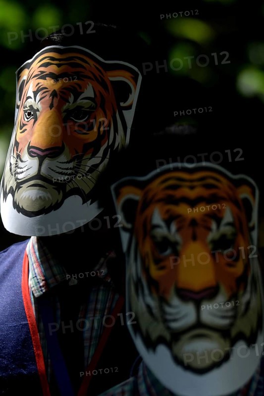 Agartala, Tripura, India, 29-07-2025: Students of NSS (National Service Scheme) unit from Mahatma Gandhi Memorial School wearing tiger masks during an event on Tiger Conservation on International Tiger day, organised by Sima Chakma, coordinator of MGM NSS UNIT at Agartala. International Tiger day is an annual celebration to raise awareness for tiger conservation, held annually on 29th July. Photo By-Abhisek Saha