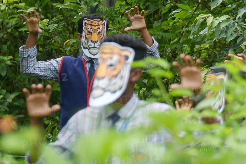 Agartala, Tripura, India, 29-07-2025: Students of NSS (National Service Scheme) unit from Mahatma Gandhi Memorial School wearing tiger masks during an event on Tiger Conservation on International Tiger day, organised by Sima Chakma, coordinator of MGM NSS UNIT at Agartala. International Tiger day is an annual celebration to raise awareness for tiger conservation, held annually on 29th July. Photo By-Abhisek Saha