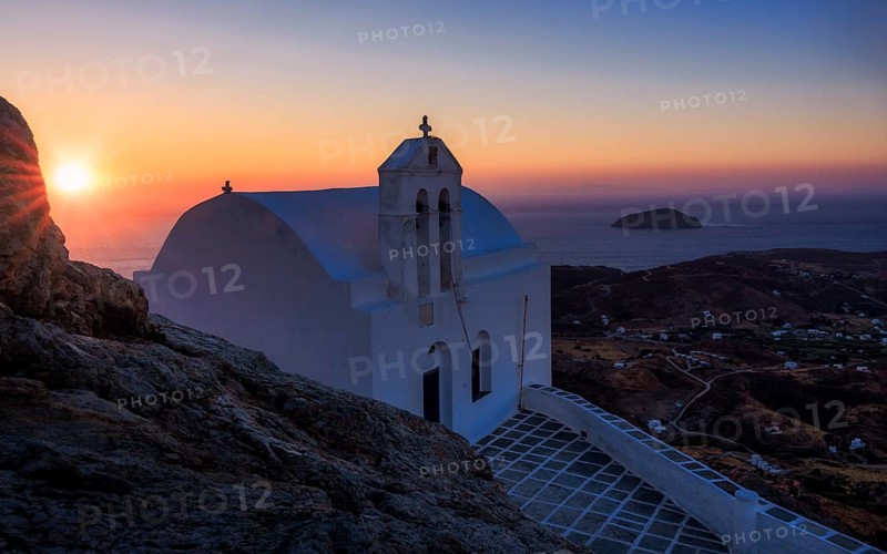 Sunrise over a small chapel, Kato Chora, Serifos, Cyclades Islands, Greece