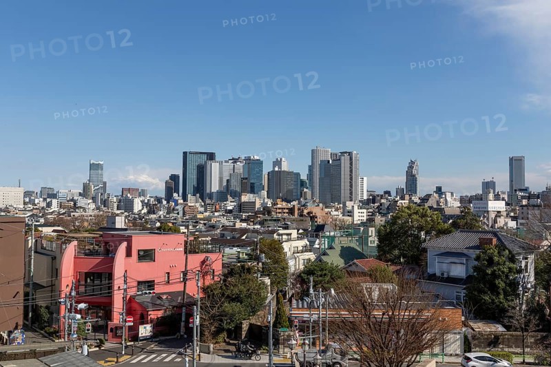 Modern architecture, view over the rooftops of the city to the glass facades of skyscrapers against a blue sky, skyline of Shinjuku, Tokyo, Chiba, Japan