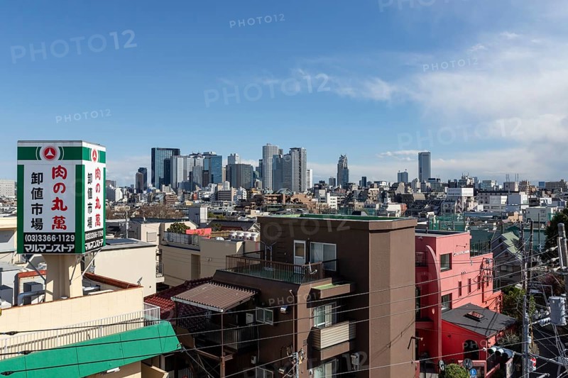Modern architecture, view over the rooftops of the city to the glass facades of skyscrapers against a blue sky, skyline of Shinjuku, Tokyo, Chiba, Japan