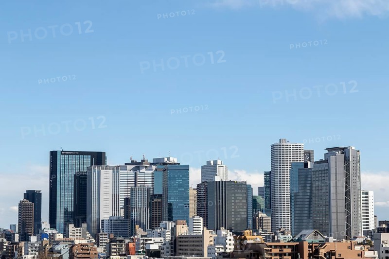 Modern architecture, view over the rooftops of the city to the glass facades of skyscrapers against a blue sky, skyline of Shinjuku, Tokyo, Chiba, Japan