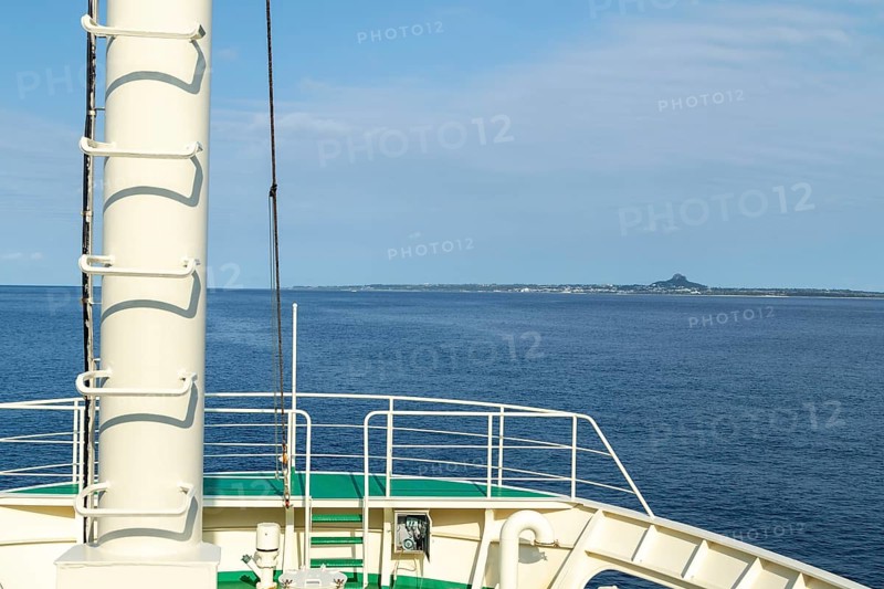 Deck of the Marix Line ferry Queen Coral Plus with a view of Ie Island, Motobu, Kunigami District, Okinawa, Japan