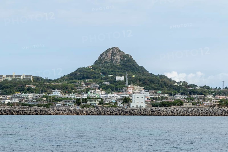 View of the harbour and Mount Gusuku on Ie-jima, Ie Island, Motobu, Kunigami District, Okinawa, Japan