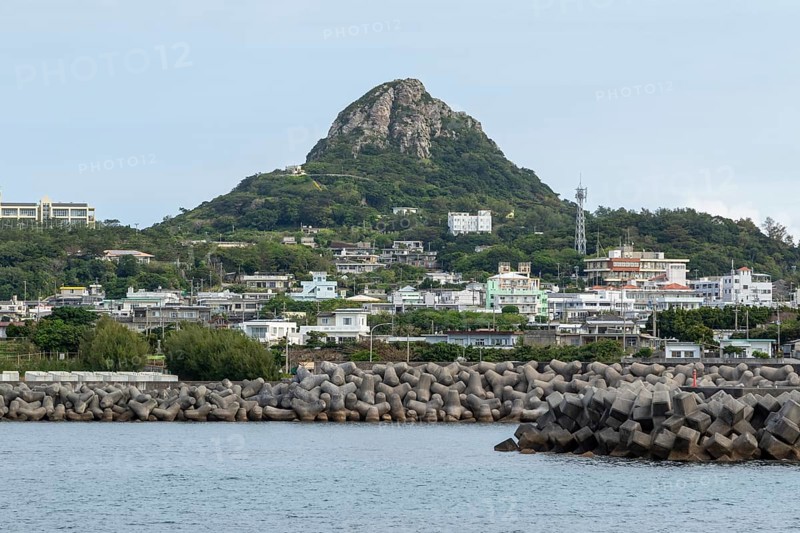 View of the harbour and Mount Gusuku on Ie-jima, Ie Island, Motobu, Kunigami District, Okinawa, Japan