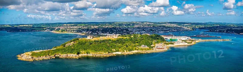 Panorama of Pendennis Castle and Pendennis Point from a drone, Falmouth, Cornwall, UK