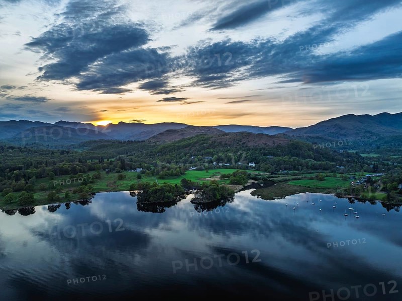 Sunset over Windermere Lake from a drone, Ambleside, Lake District, Cumbria, England, United Kingdom