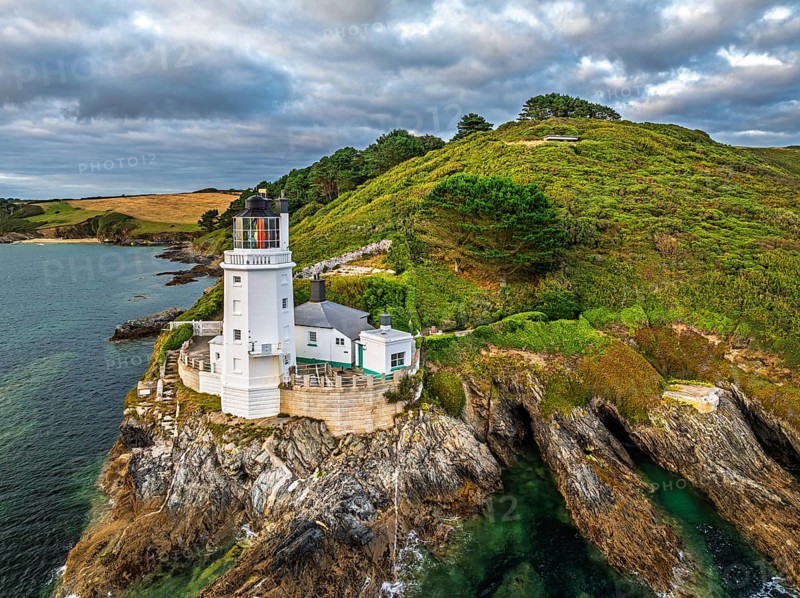 St Anthony Lighthouse from drone, Roseland peninsula, Head circular walk, Cornwall, UK