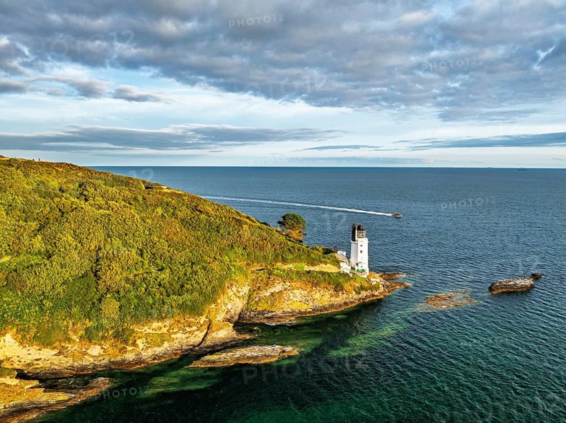 St Anthony Lighthouse from drone, Roseland peninsula, Head circular walk, Cornwall, UK