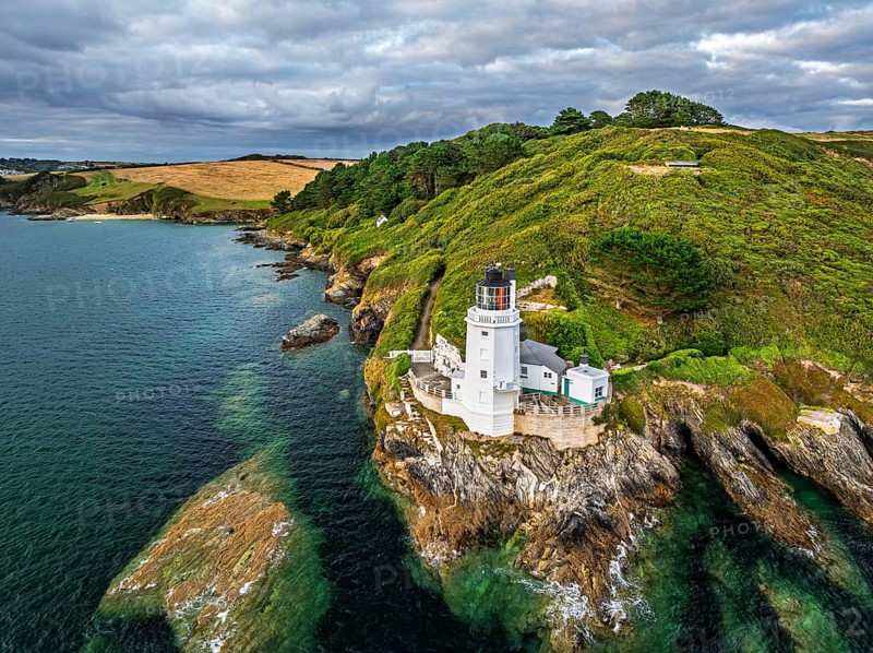 St Anthony Lighthouse from drone, Roseland peninsula, Head circular walk, Cornwall, UK
