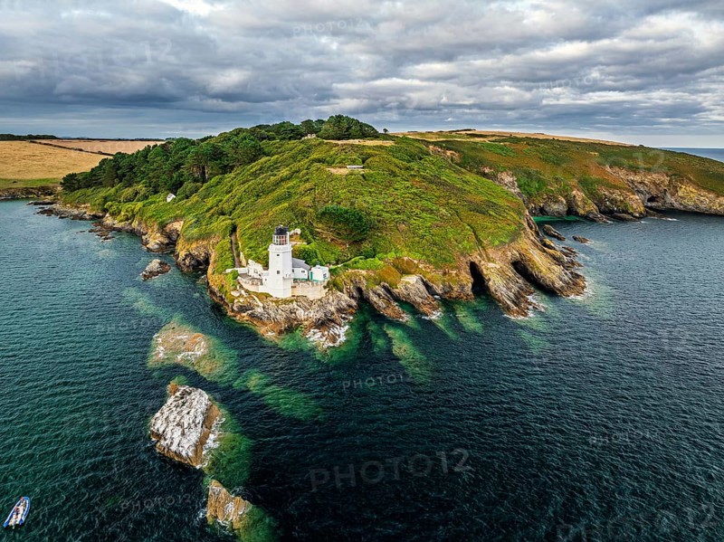 St Anthony Lighthouse from drone, Roseland peninsula, Head circular walk, Cornwall, UK