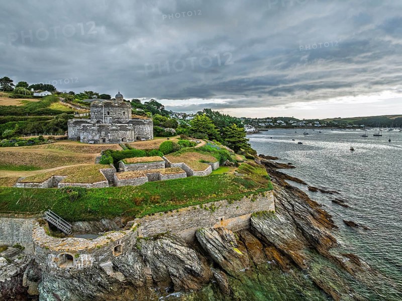 St Mawes Castle from a drone, Carrick Roads, River Fal, Falmouth, Cornwall, UK