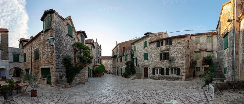 Trg Skor, Skor Square, stone houses in the old town centre, panoramic view, Starigrad, island of Hvar, Dalmatia, Croatia
