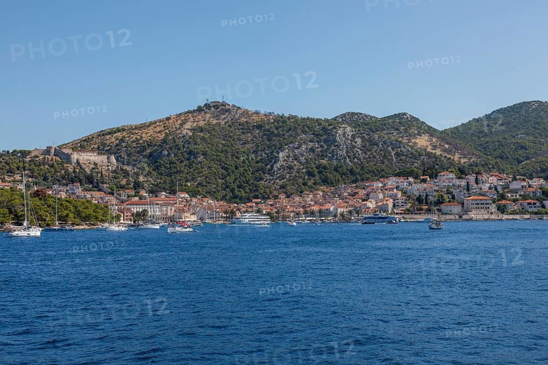 View of the harbour and the town of Hvar from the sea, island of Hvar, Dalmatia, Croatia