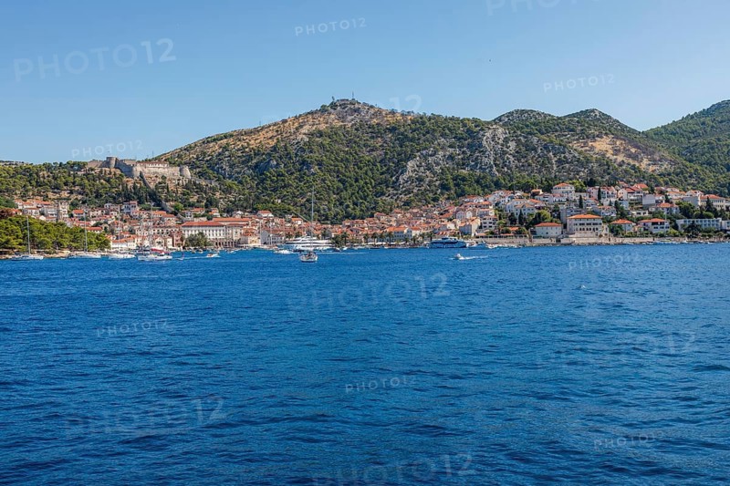 View of the harbour and the town of Hvar from the sea, island of Hvar, Dalmatia, Croatia