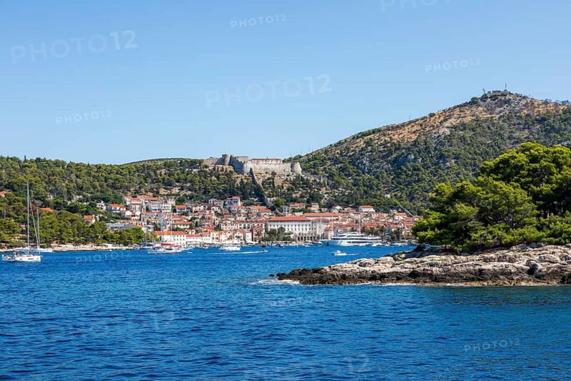 View of the harbour and the town of Hvar from the sea, island of Hvar, Dalmatia, Croatia
