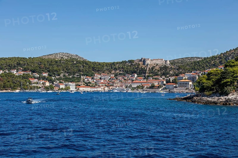 View of the harbour and the town of Hvar from the sea, island of Hvar, Dalmatia, Croatia