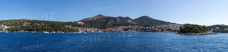 View from the sea to the harbour and the town of Hvar, panoramic view, island of Hvar, Dalmatia, Croatia