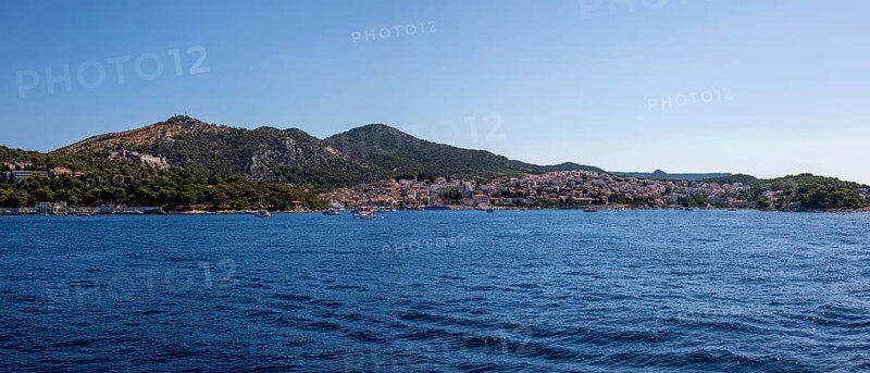 View from the sea to the harbour and the town of Hvar, panoramic view, island of Hvar, Dalmatia, Croatia