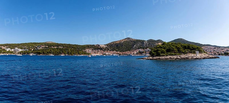 View from the sea to the harbour and the town of Hvar, panoramic view, island of Hvar, Dalmatia, Croatia