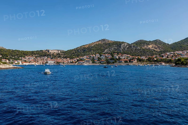 View from the sea to the harbour and the town of Hvar, panoramic view, island of Hvar, Dalmatia, Croatia