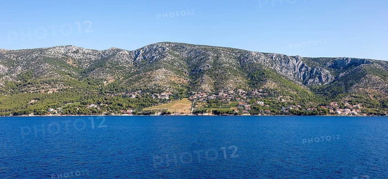 View from the sea to Ivan Dolac, panoramic view, island Hvar, Dalmatia, Croatia