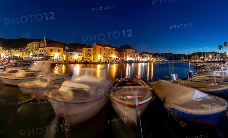 Boats in the harbour, blue hour, panoramic shot, Starigrad, Dalmatia, Croatia