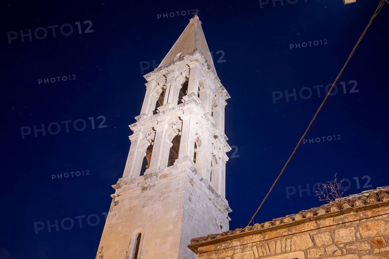 Bell tower, Church of St Stephen, night shot, Starigrad, Island of Hvar, Dalmatia, Croatia