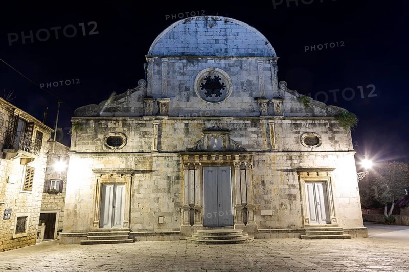 Church facade, Church of St Stephen, night shot, Starigrad, Island of Hvar, Dalmatia, Croatia