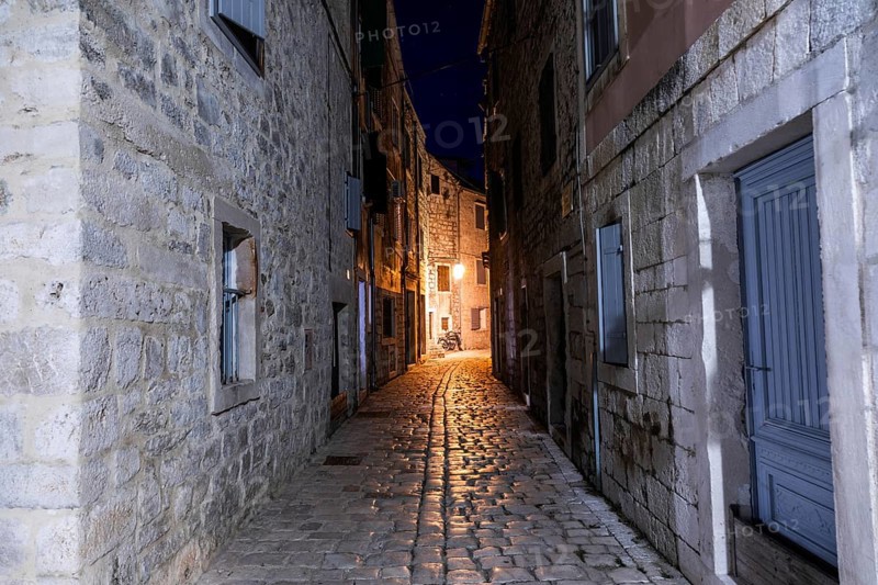 Alley in the old town centre, night shot, Starigrad, island of Hvar, Dalmatia, Croatia