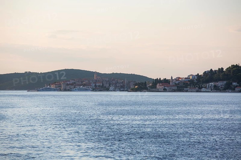 View from the sea to the old town centre of Korcula in the morning light, Korcula, Dalmatia, Croatia
