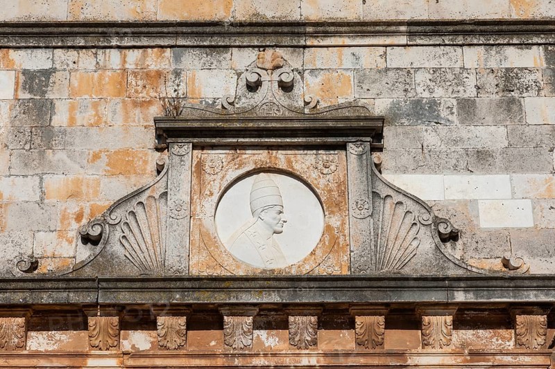 Church faÃ§ade, detail, Church of St Stephen, Starigrad, island of Hvar, Dalmatia, Croatia