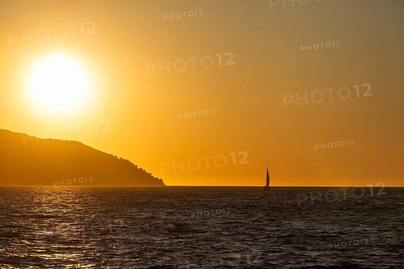 Sunset over the sea, sailing ship, near Starigrad, Dalmatia, Croatia