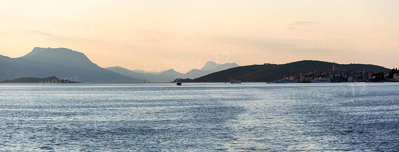 View from the sea to the Makarska mountains in the morning light, near Korcula, Dalmatia, Croatia