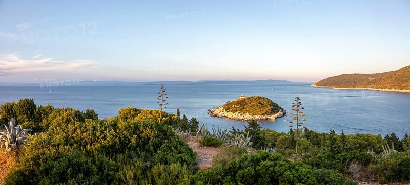 View from the island Vis to an offshore island, bay of the town Vis, panoramic view, island Vis, Mediterranean Sea, Dalmatia, Croatia