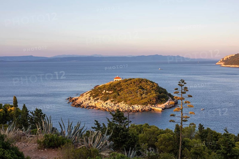 View from the island of Vis to the island of Hvar, small offshore island in the bay of the town of Vis, island of Vis, Mediterranean Sea, Dalmatia, Croatia