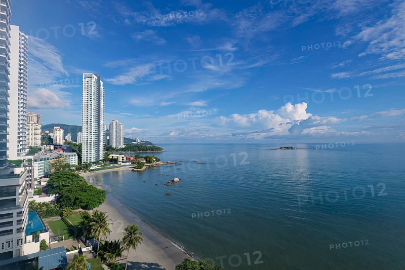 Penang skyline and beach on the Malacca Straits, Penang, Malaysia