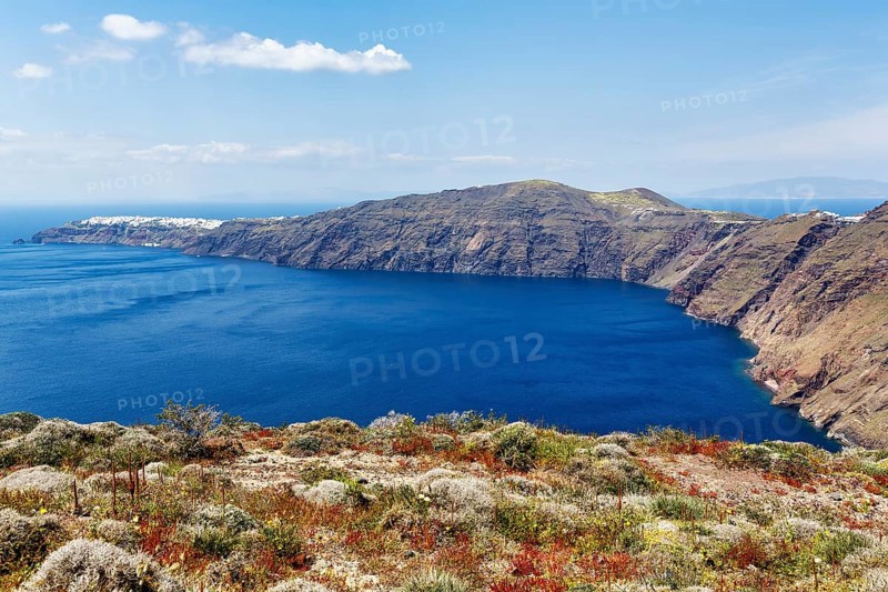 View of the cliffs, hiking trail from Fira to Oia, Thira, Santorini, Cyclades, Greece