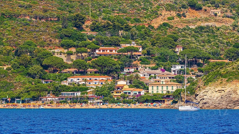 The village of Innamorata with beach, Elba Island, Tuscan Archipelago National Park, Tuscany, Italy