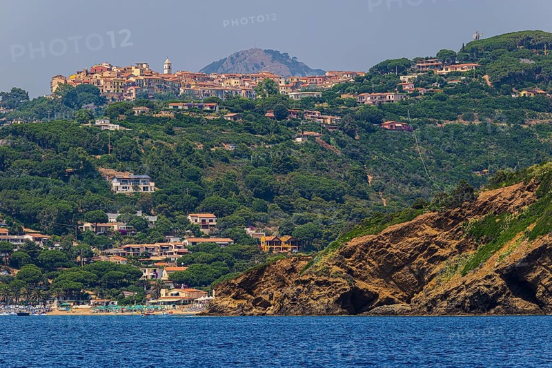 The village of Innamorata with beach, above the village of Capoliveri, Elba Island, Tuscan Archipelago National Park, Tuscany, Italy