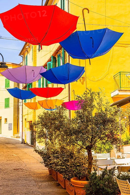 Coloured umbrellas span the Via Cavour, Capoliveri, Elba Island, Tuscan Archipelago National Park, Tuscany, Italy