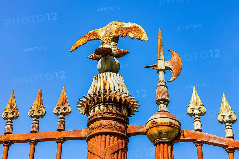 Iron eagle and spears at the entrance gate of Napoleon Bonaparte's summer residence, San Martino, Elba Island, Tuscan Archipelago National Park, Tuscany, Italy