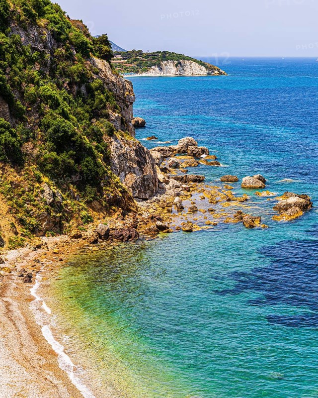 Rocky cliffs at Capo Bianco, Portoferraio, Elba Island, Tuscan Archipelago National Park, Tuscany, Italy