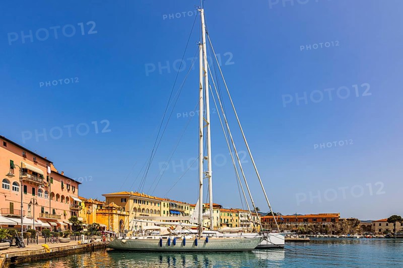 Sailing yachts anchored in the harbour of Portoferraio, Elba Island, Tuscan Archipelago National Park, Tuscany, Italy