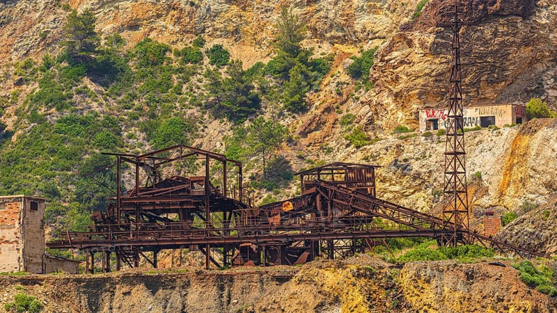 Ruins of a former iron ore mine at Punta Calamita, Elba Island, Tuscan Archipelago National Park, Tuscany, Italy