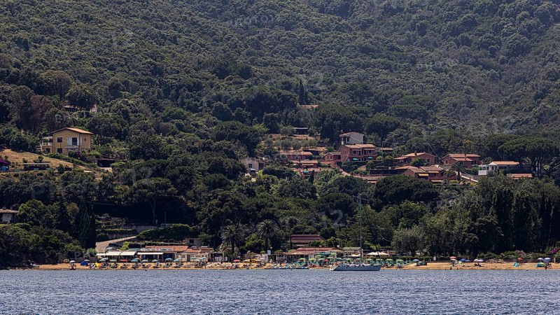 Straccoligno beach, above holiday homes, near Capoliveri, Elba Island, Tuscan Archipelago National Park, Tuscany, Italy