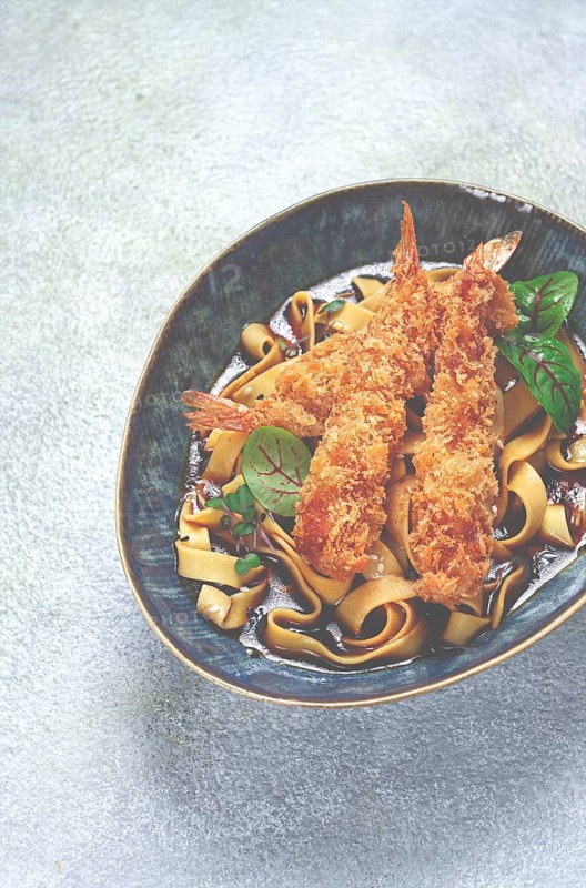 Udon noodles with shrimp in tempura, Japanese cuisine, homemade, no people
