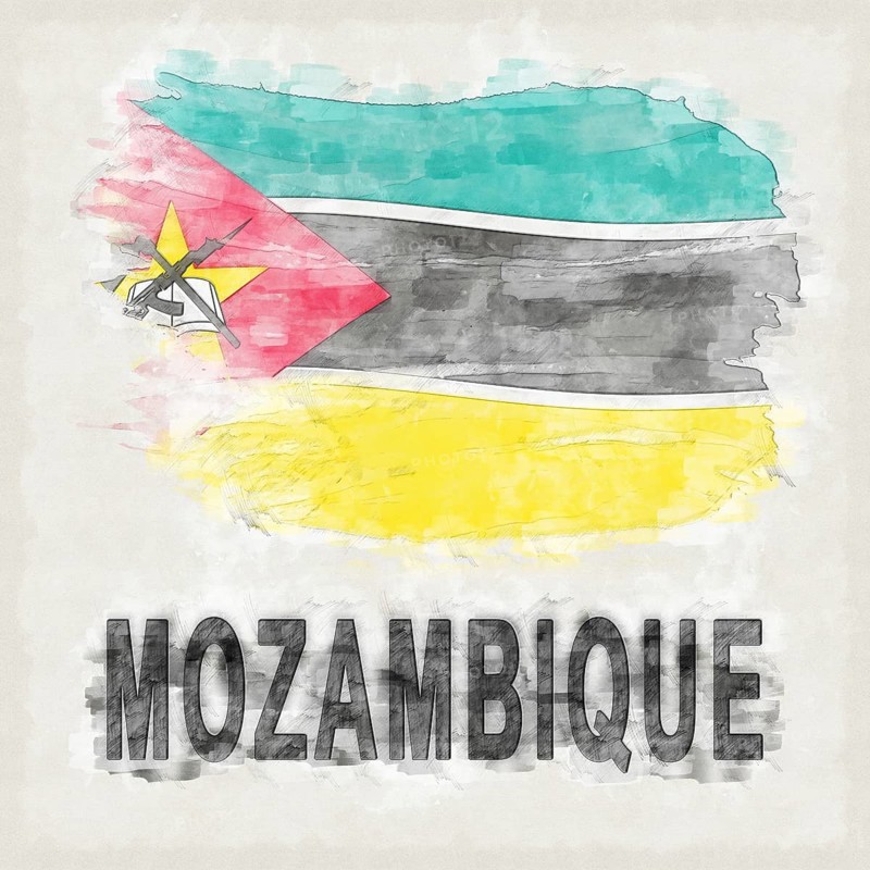 Mozambique National Colors with Country Name Background